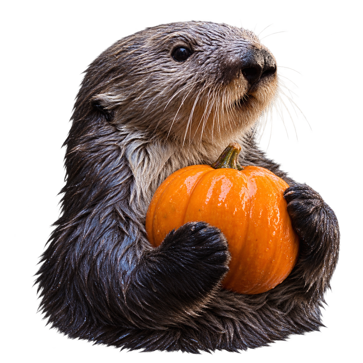 AI-generated Dunk Inu mascot: a sea otter hugging a small orange pumpkin on a turquoise pool gradient